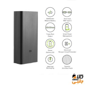 پاوربانک شیائومی ۳۰۰۰۰ میلی‌آمپر ۱۸ وات – مدل Xiaomi 30000mAh Fast Charging